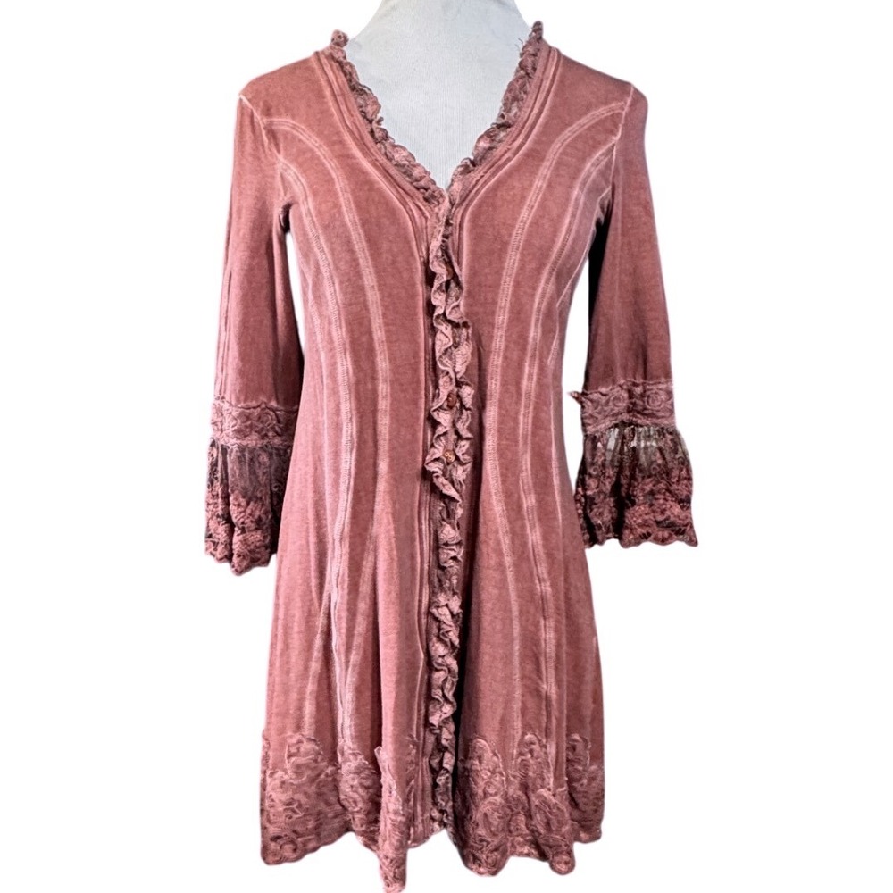 Gretty Zueger Tunic Top Womens Small Lace Ruffle Mineral Wash Rose Mauve Boho